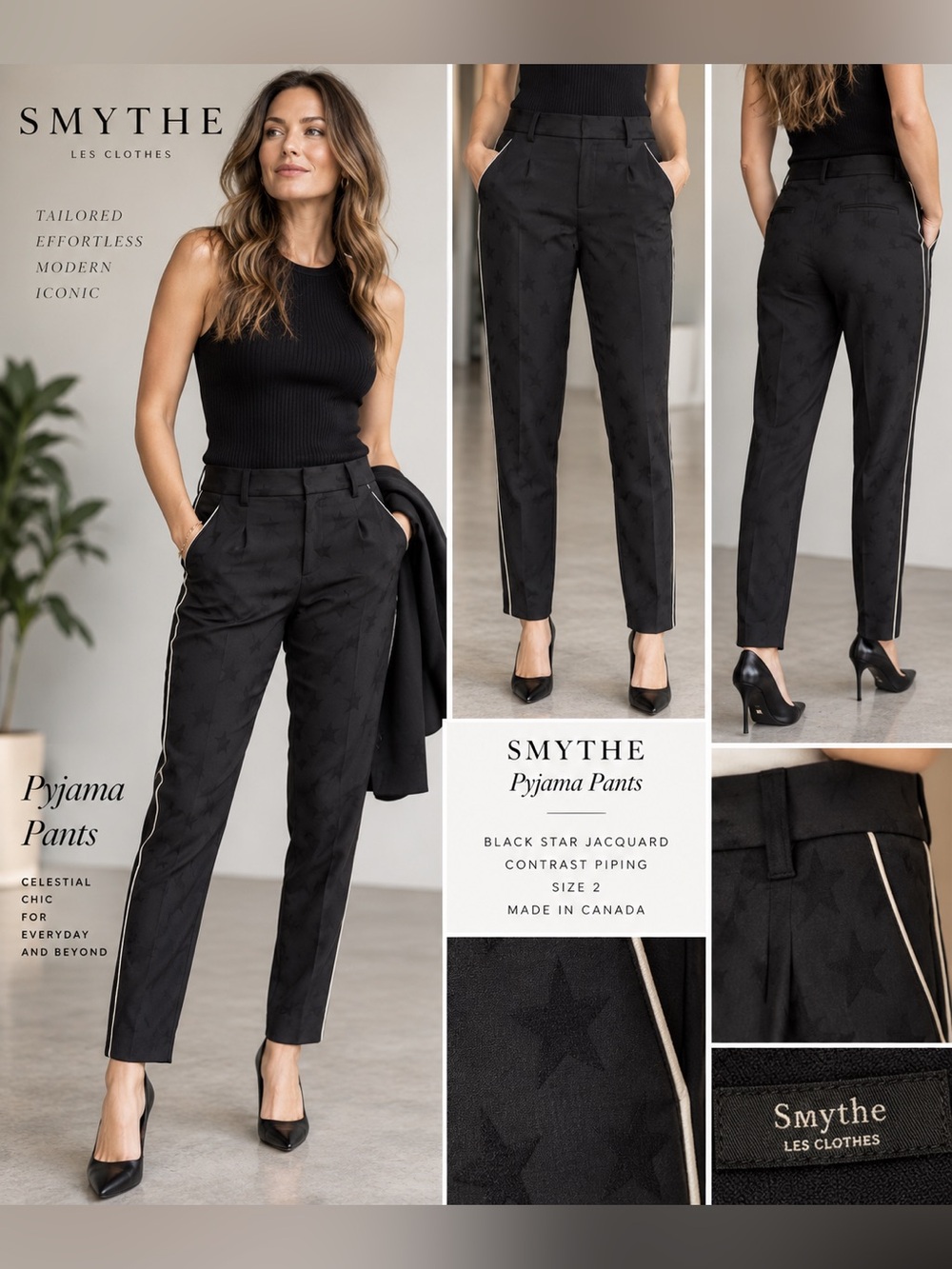 SMYTHE Pyjama Pants Black Star Jacquard Contrast Piping Size 2